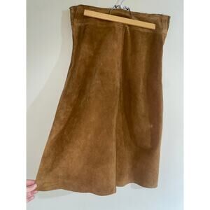 Maggie 4 Bagatelle vtg leather suede tan midi skirt full front snap buttons 30”